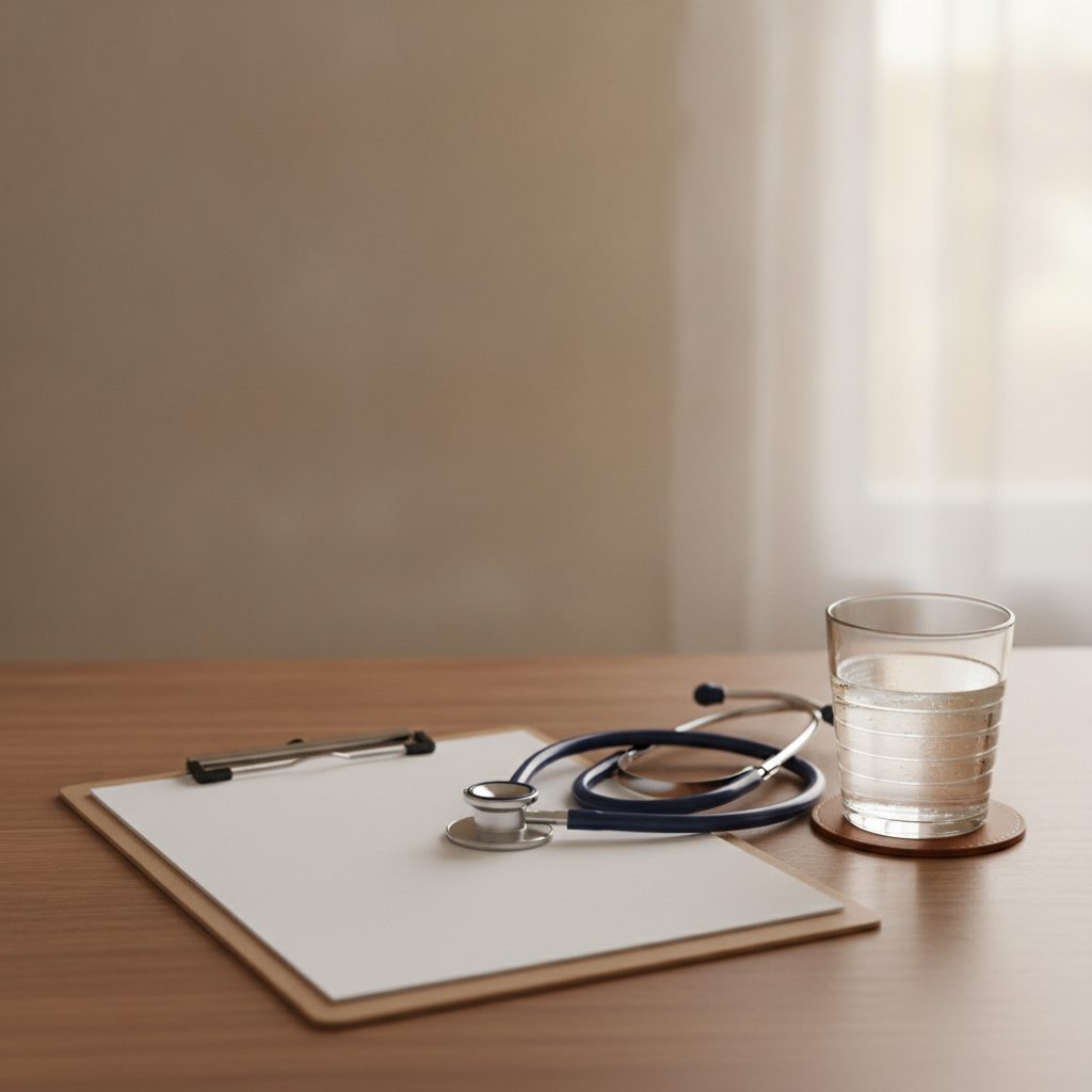 Clipboard with stethoscope and glass of water on a warm desk